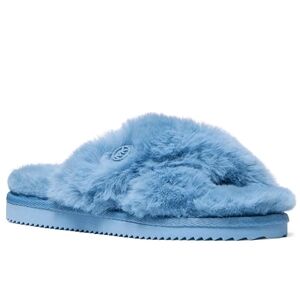 New Michael M. Kors Lala Blue Fur Crisscross Slide Slippers Size 10